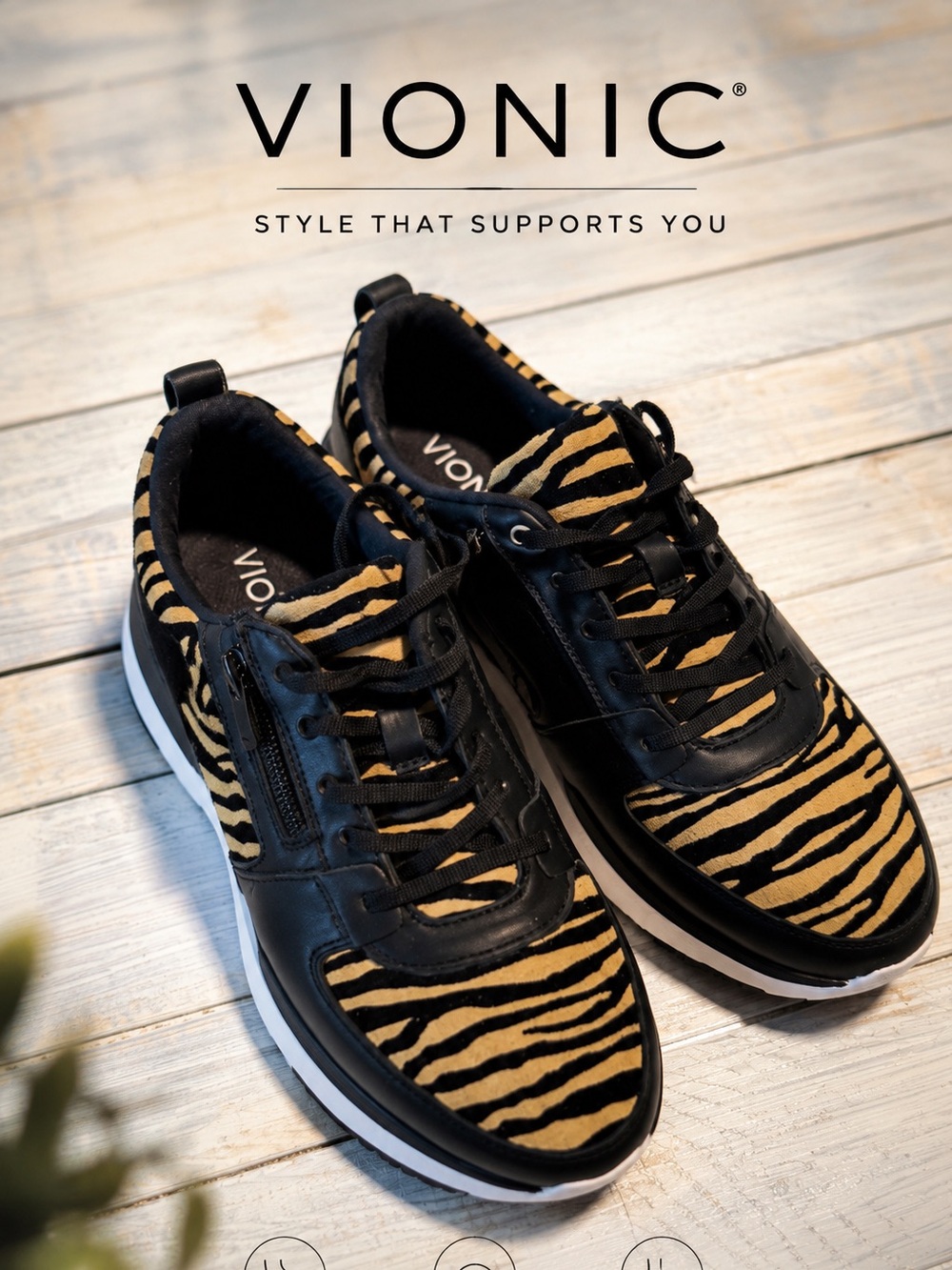 NWOT Vionic Remi Zebra Print Sneakers Women’s Size 8.5 Side Zip Comfort Shoes